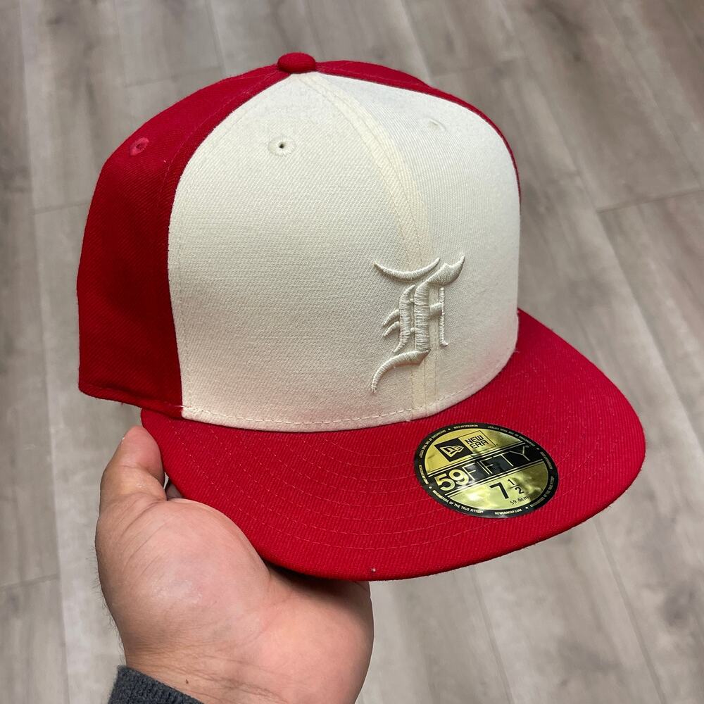 New Era x Fear of God Cream/Red Essentials Trucker Fitted Hat Cap size 7 1/2 B10